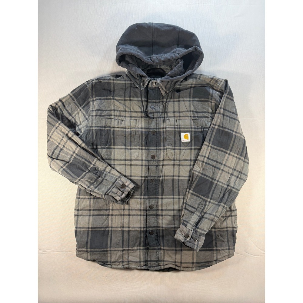 Carhartt Relaxed Fit Fleece Lined Plaid Flannel Hooded Shirt Jacket TJ5621-M L
